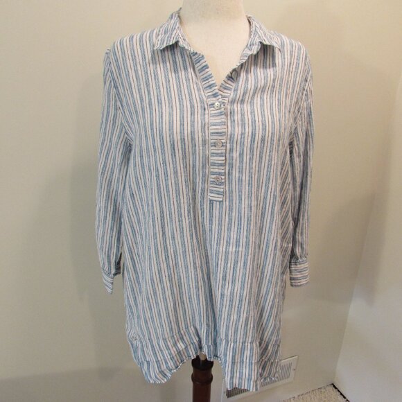 J Jill Love Linen White Blue/Black Striped Hi-Low Tunic Large Tall - Picture 1 of 16